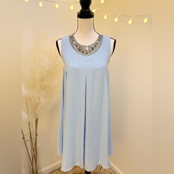 Sky Blue Sleeveless Dress with Embellished Beaded Neckline - Picture 2 of 7